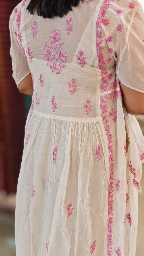 Lilac on off white mul chanderi suit