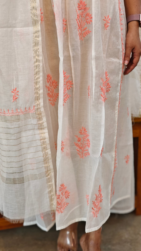 Peach on off white mul chanderi suit