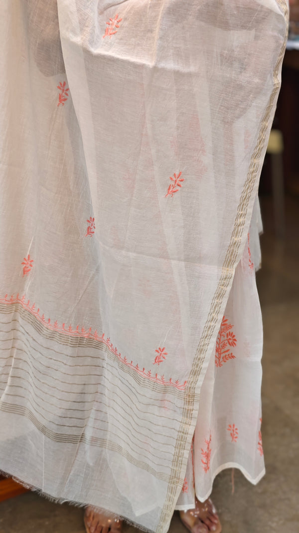 Peach on off white mul chanderi suit