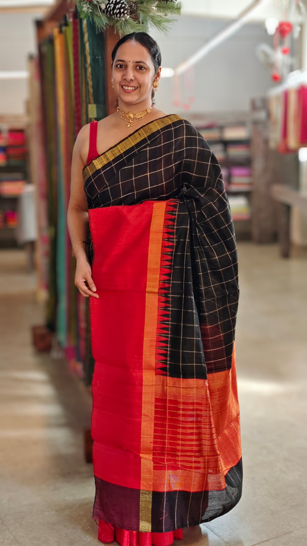 Black and red Raw silk saree