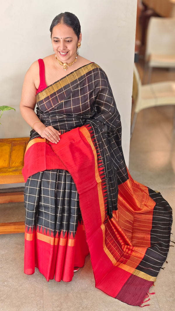 Black and red Raw silk saree