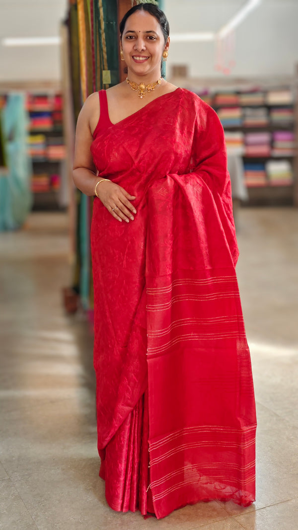 Red embroidered tussar silk saree