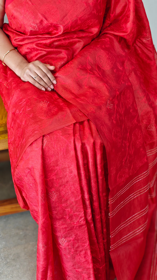 Red embroidered tussar silk saree