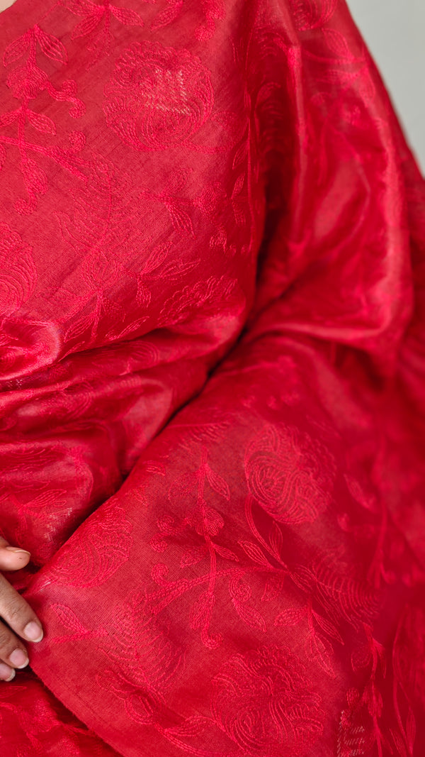 Red embroidered tussar silk saree