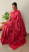 Cherry Red Lined Noil Tussar Silk Saree - LNC08