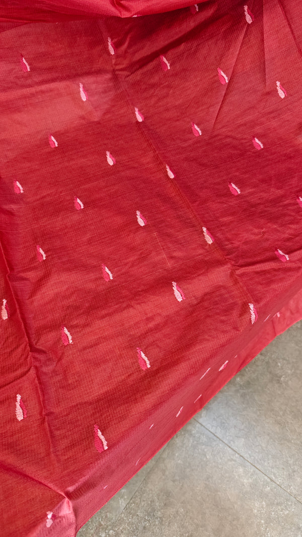 Cherry Red Lined Noil Tussar Silk Saree - LNC08