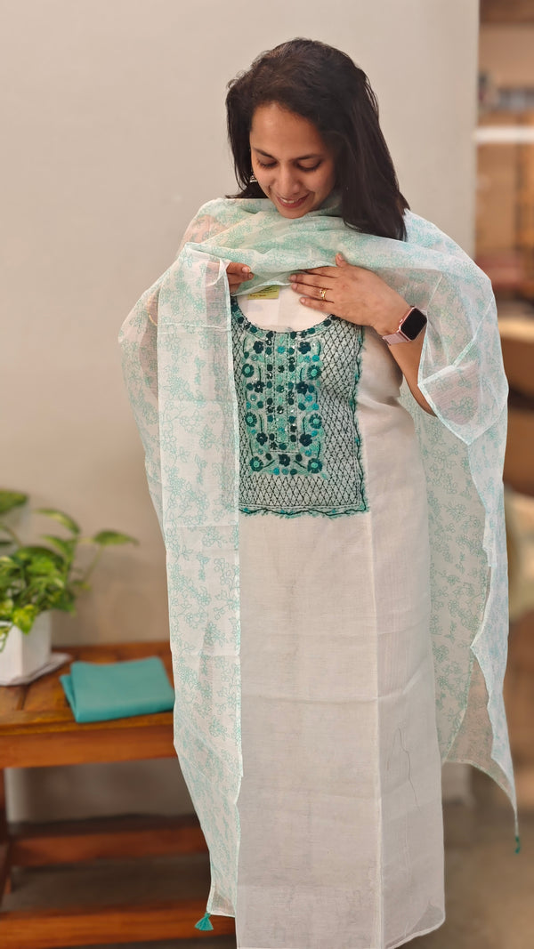 White and Mint green net kota suit
