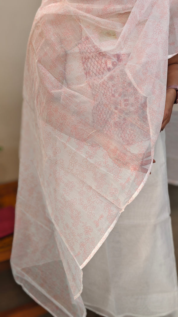 White and pinkish maroon net kota suit