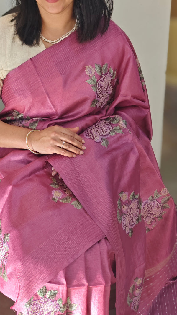 Rouge pink tussar silk saree -ADZ67