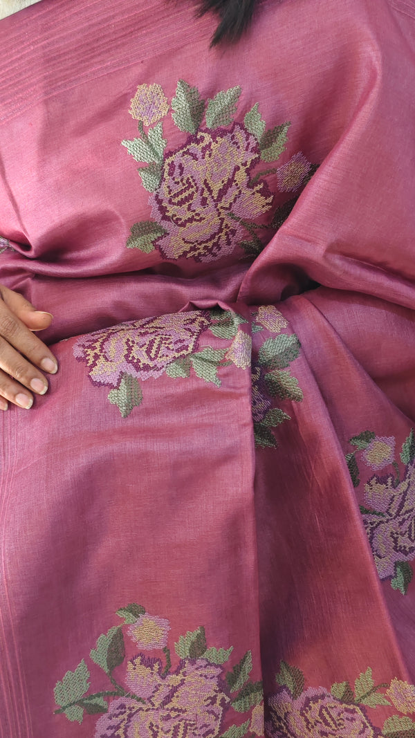 Rouge pink tussar silk saree -ADZ67