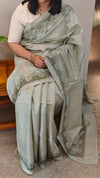 Sage green cutwork tussar silk saree