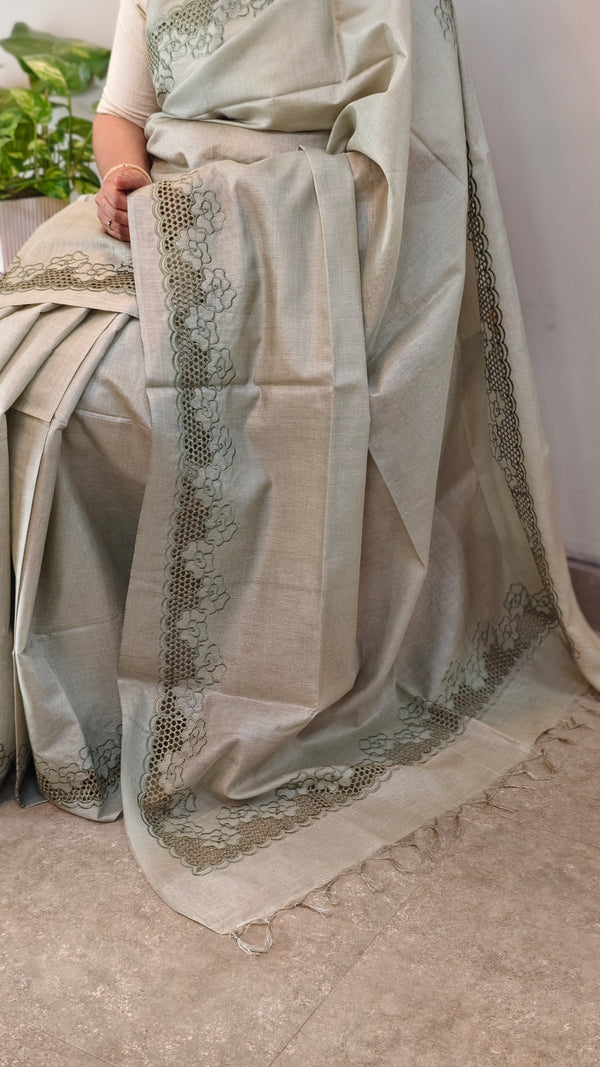 Sage green cutwork tussar silk saree