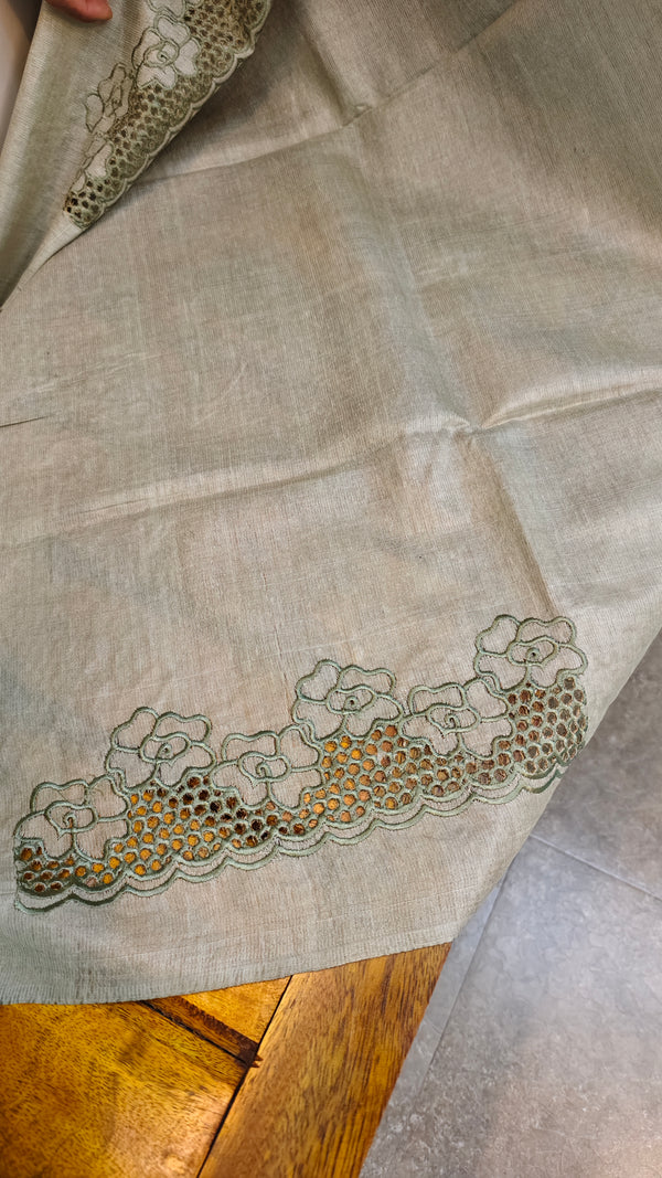 Sage green cutwork tussar silk saree