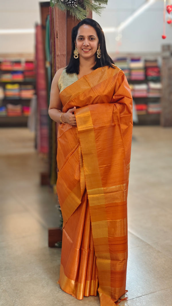 Burnt orange desi tussar silk saree