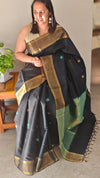 Black and green raw silk saree - SRW62