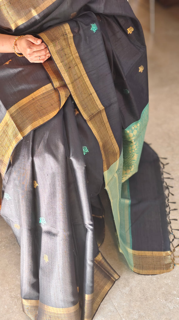 Black and green raw silk saree - SRW62