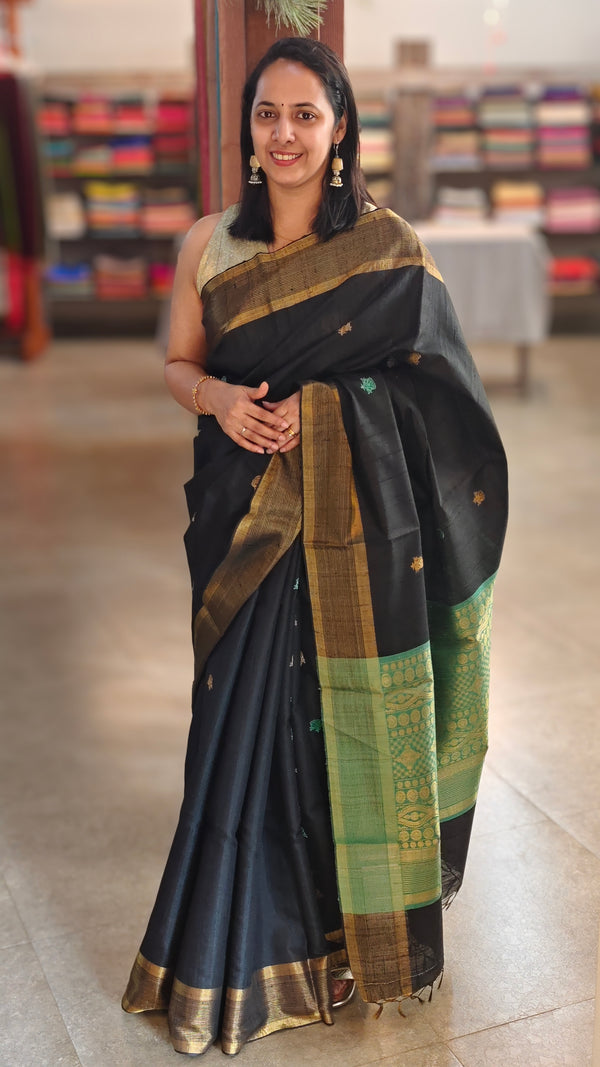 Black and green raw silk saree - SRW62