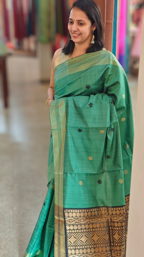 Green and black raw silk saree - SRW62