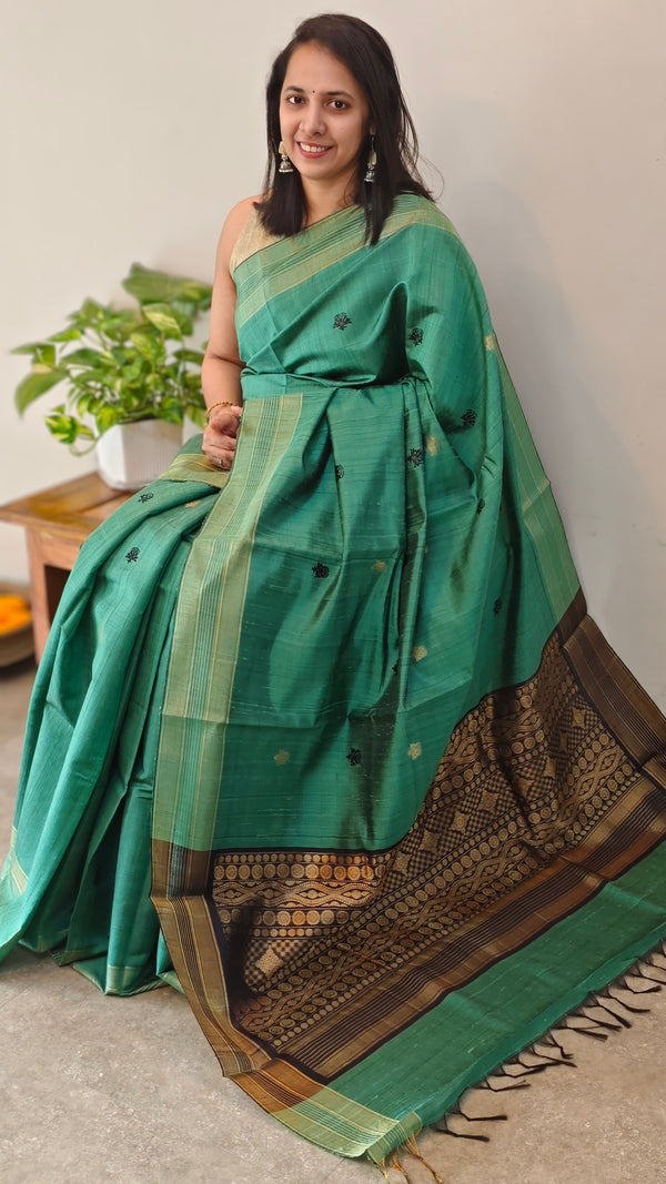 Green and black raw silk saree - SRW62