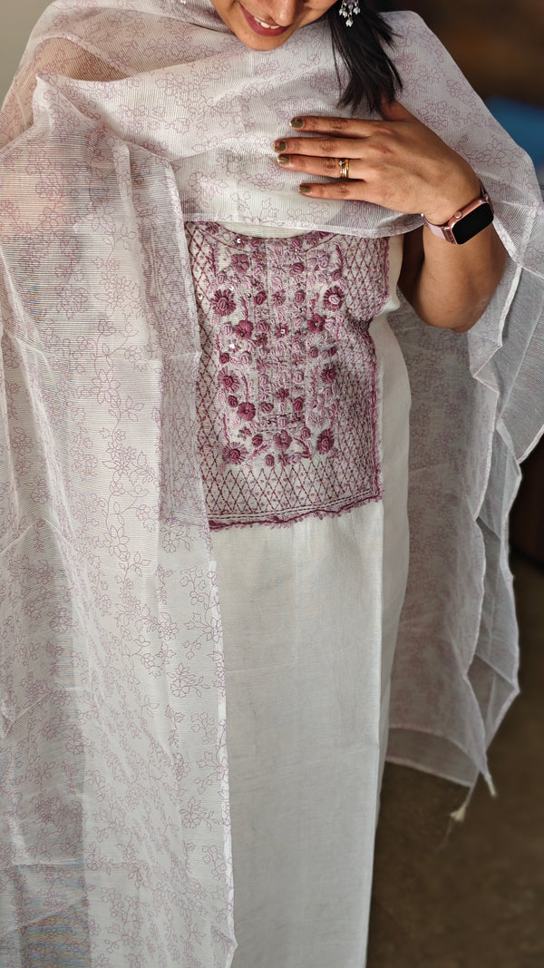 White and mauve net kota suit