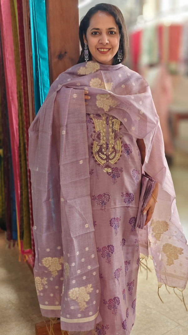 Dark lavender block printed chanderi suit