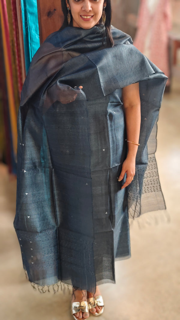 Peacock blue tussar organza suit