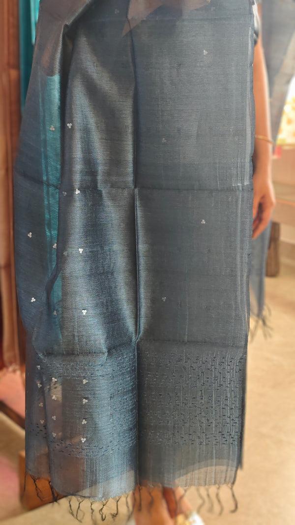 Peacock blue tussar organza suit