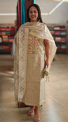 Beige chanderi linen hand embroidered suit