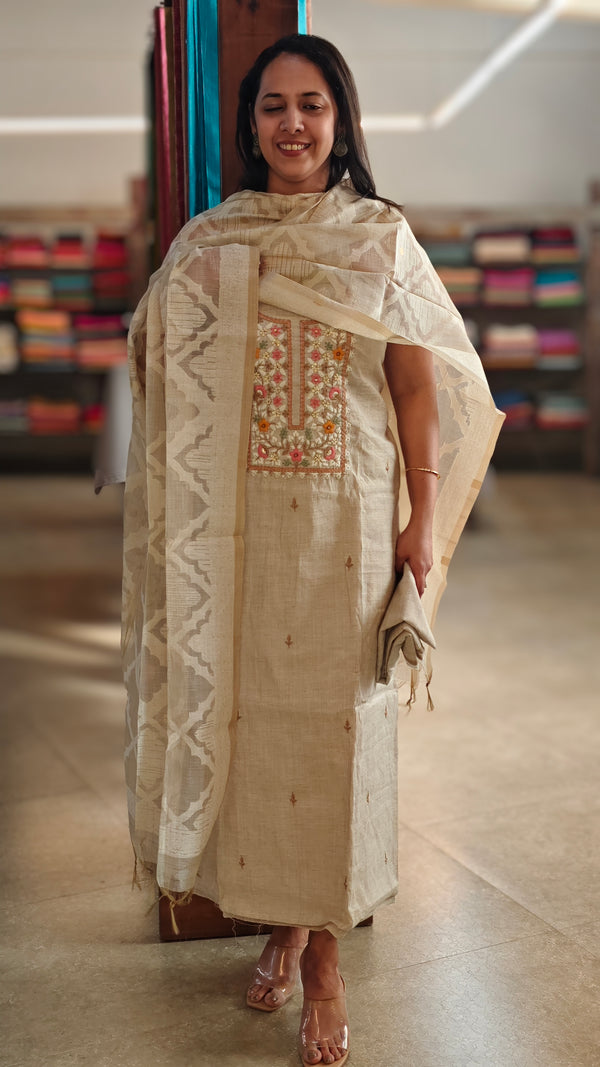 Beige chanderi linen hand embroidered suit