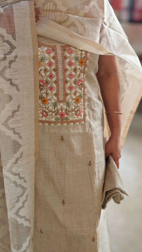 Beige chanderi linen hand embroidered suit