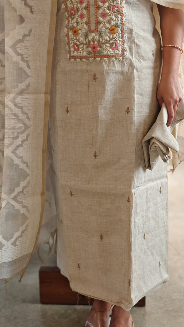 Beige chanderi linen hand embroidered suit