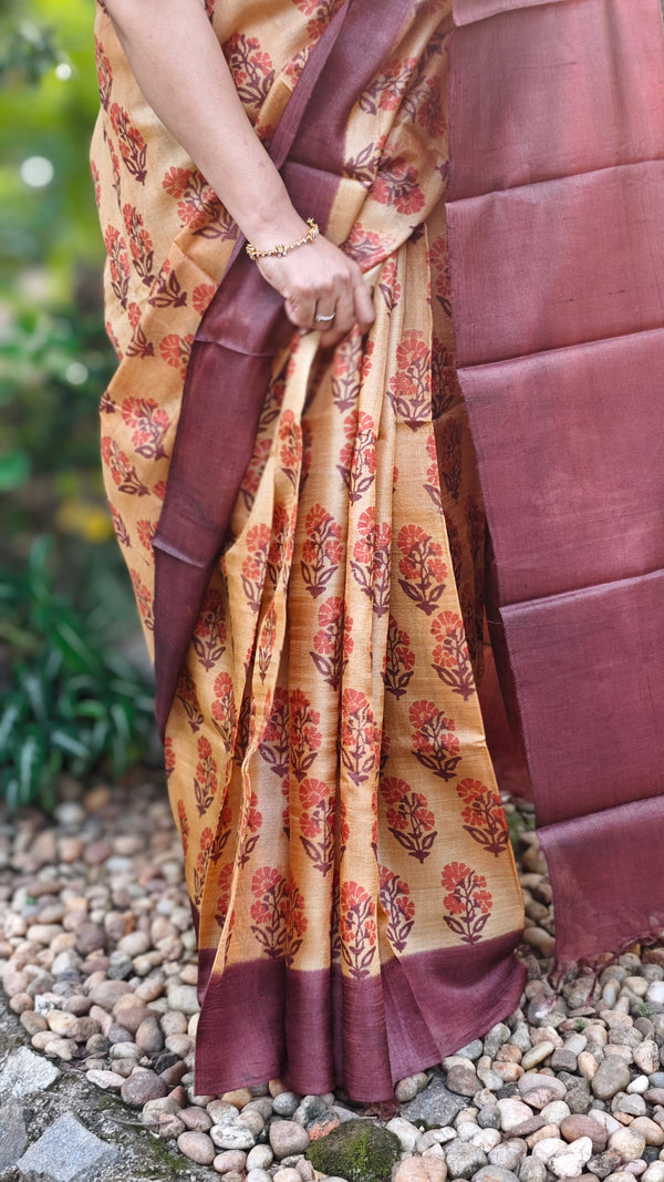 Mustard and mauve tussar silk saree