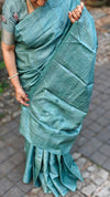 Teal green hand embroidered tussar silk saree - 40903