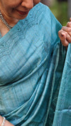 Teal green hand embroidered tussar silk saree - 40903