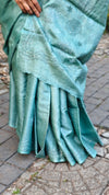 Teal green hand embroidered tussar silk saree - 40903