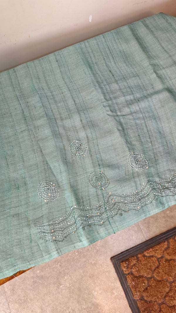 Teal green hand embroidered tussar silk saree - 40903