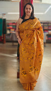 Golden mustard and black lined noil tussar silk saree - LNC08