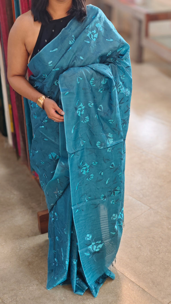 Cyan blue lined noil tussar silk saree -LNC08