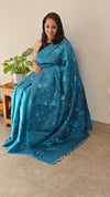Cyan blue lined noil tussar silk saree -LNC08