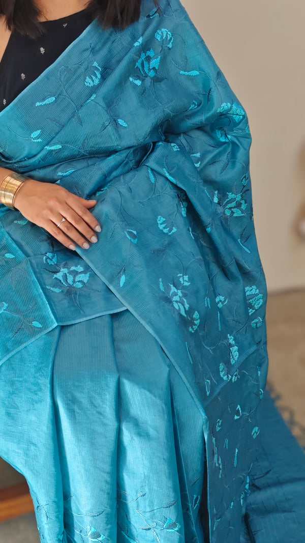 Cyan blue lined noil tussar silk saree -LNC08