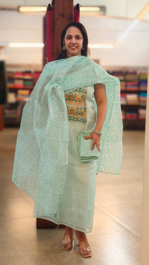 Aqua Green hand embroidered net kota suit