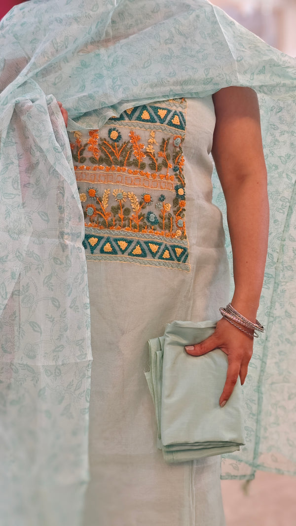 Aqua Green hand embroidered net kota suit