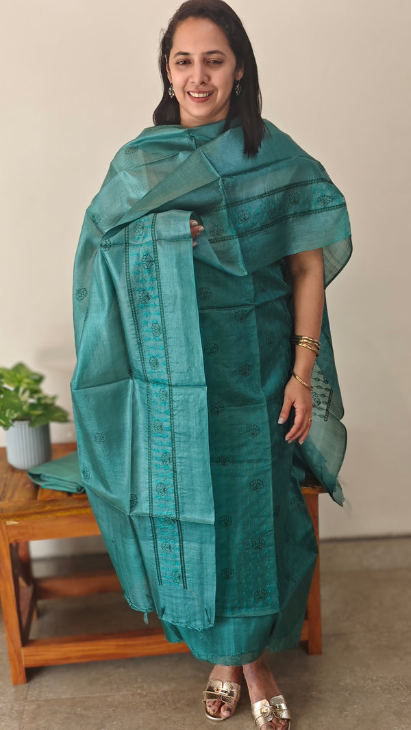Peacock green tussar silk suit