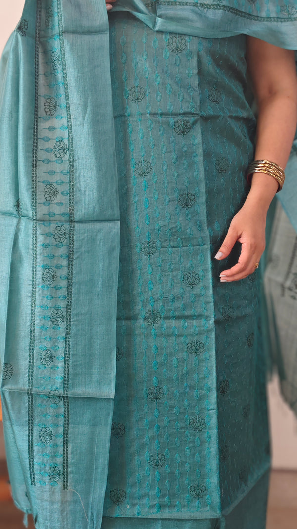 Peacock green tussar silk suit