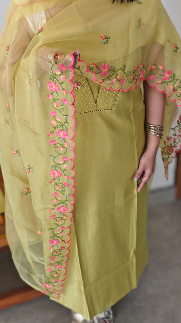 Mustard suit with organza dupatta