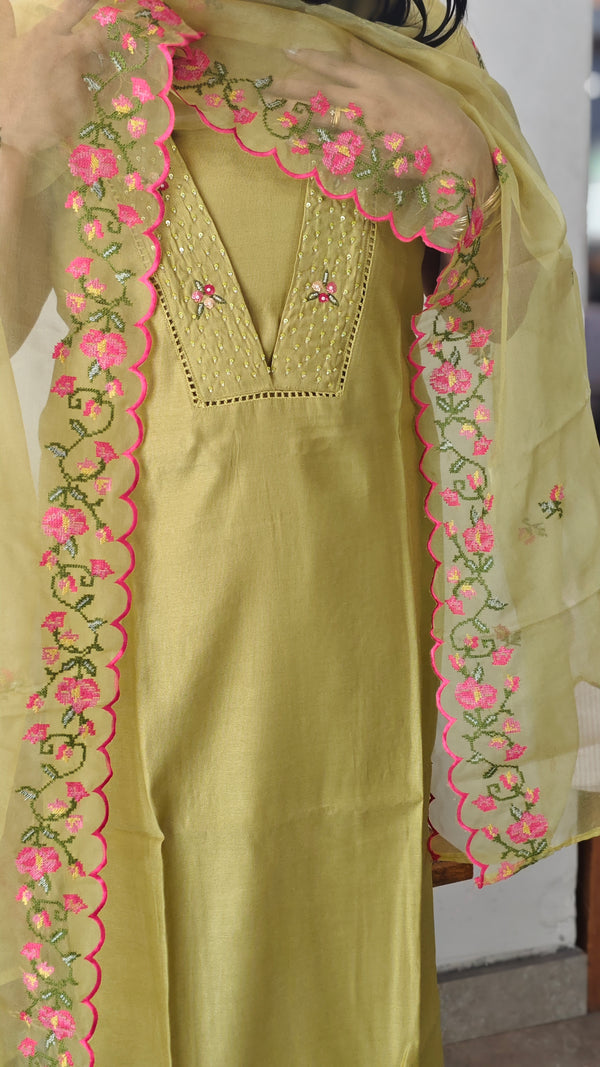 Mustard suit with organza dupatta