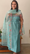 Teal suit with organza dupatta