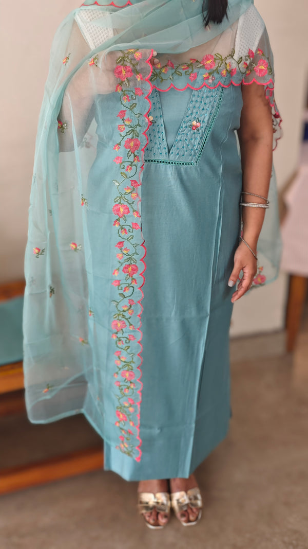 Teal suit with organza dupatta