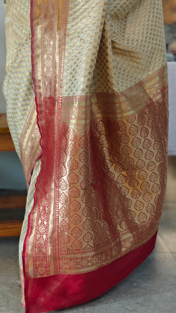 Golden beige and maroon banarasi saree