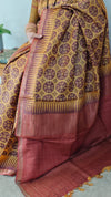 Mustard and brick red ajrakh tussar silk saree- W239